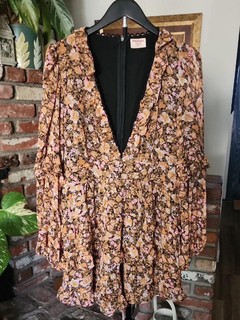 Showpo Mustard Pink Floral Plunge V-Neck Tiered Romper Long Sleeve